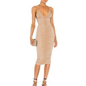 Michael Costello x Revolve Fiji Midi Dress Womens S Taupe Ruched Mesh Bodycon